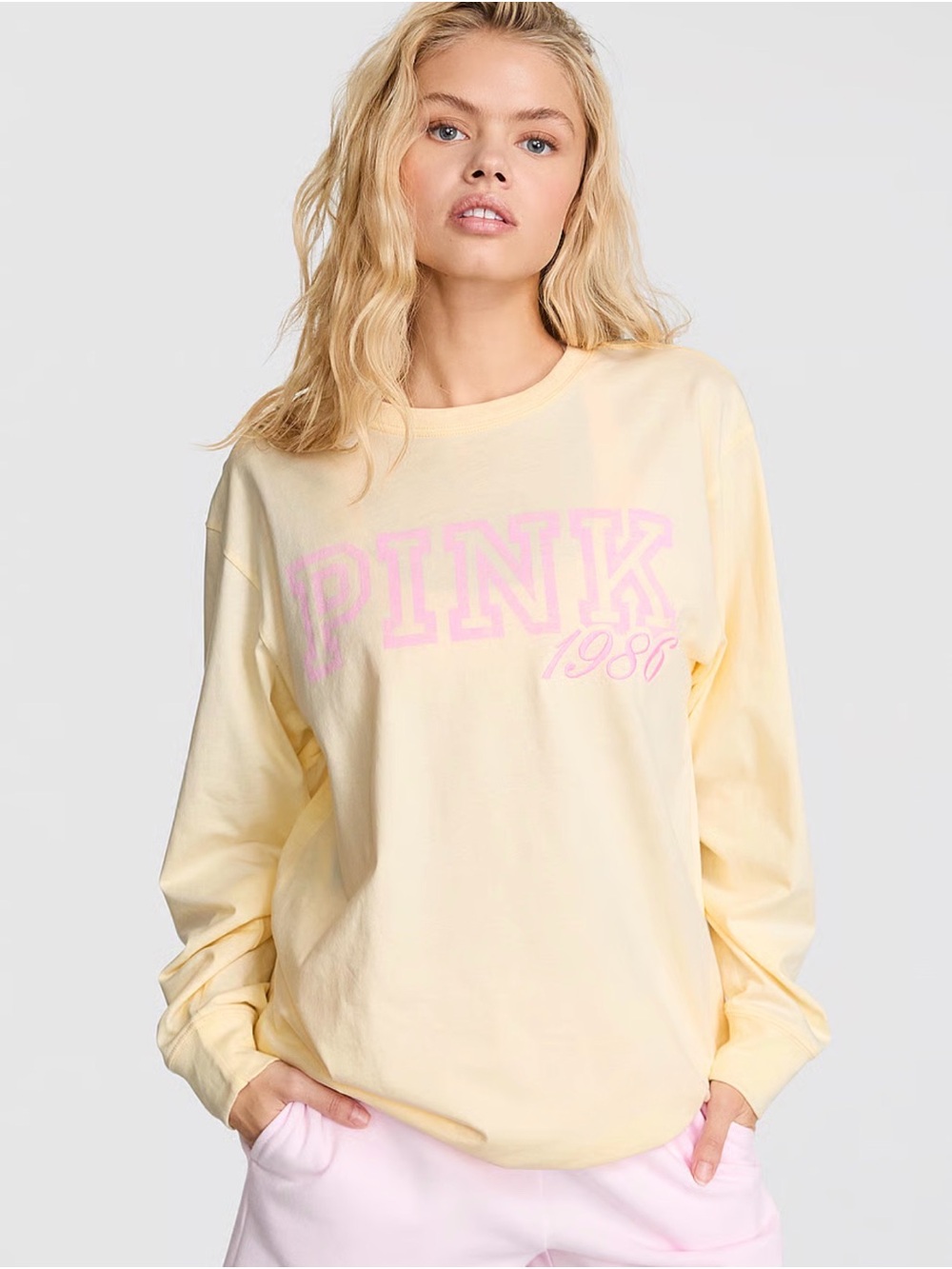 PINK Victoria's Secret Pastel Yellow Long Sleeve Logo Tee Shirt